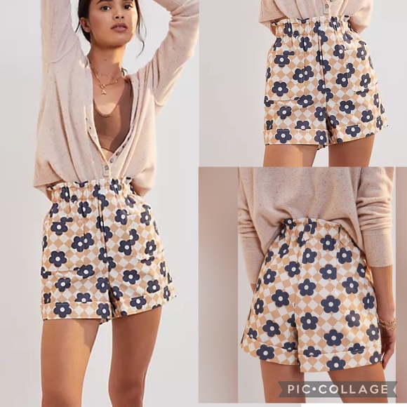 Maeve by Anthropologie Retro Floral Argyle Elastic Waist Paperbag Shorts Size M - Picture 1 of 15